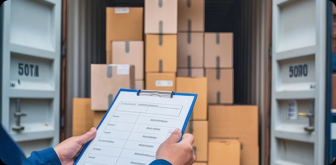 Logistics worker holding clipboard checking inventory of cardboard boxes stacked inside shipping container